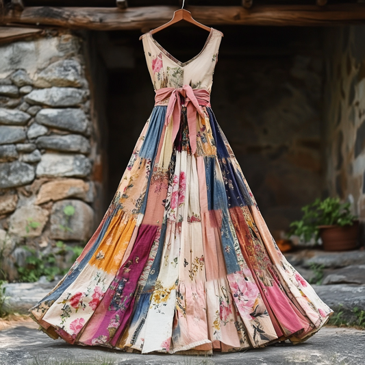 Women's Vintage Floral Applique Art Sleeveless Dress artswardrobe
