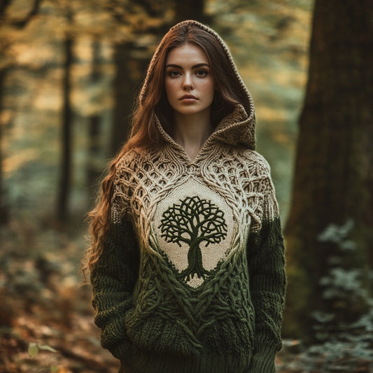 Women's Celtic Tree Of Life Jacquard Contrast Hooded Sweater elevenforest