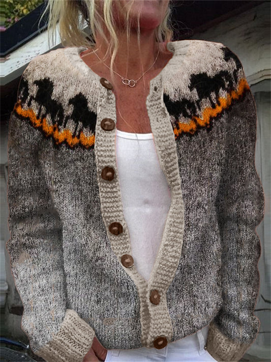 Running Horses Contrast Color Yoke Cozy Cardigan elevenforest
