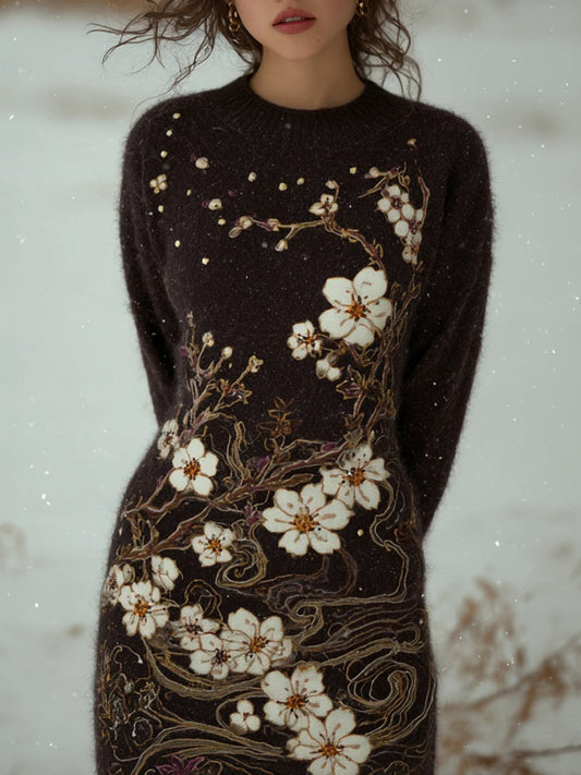 Comstylish Vintage Japanese Cherry Blossom Art Cozy Knit Sweater Dress