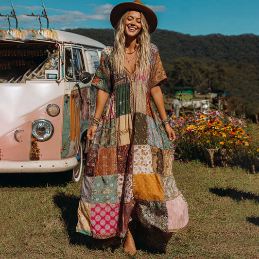 Countryside Style Collection Classy Patchwork Floral Pattern Art Linen Maxi Dress