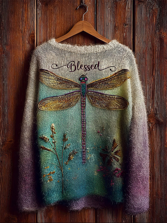 Comstylish Blessed Dragonfly Floral Gradient Color Cozy Knit Sweater