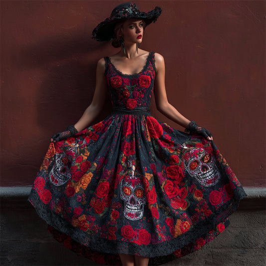 Comstylish Classy Day Of The Dead Sugar Skulls Floral Linen Maxi Dress