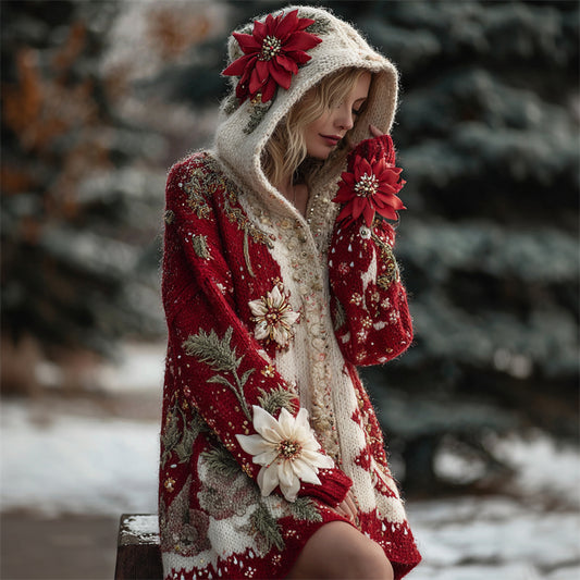 Comstylish Elegant Christmas Poinsettia Glitter Beaded Contrast Cozy Hooded Cardigan