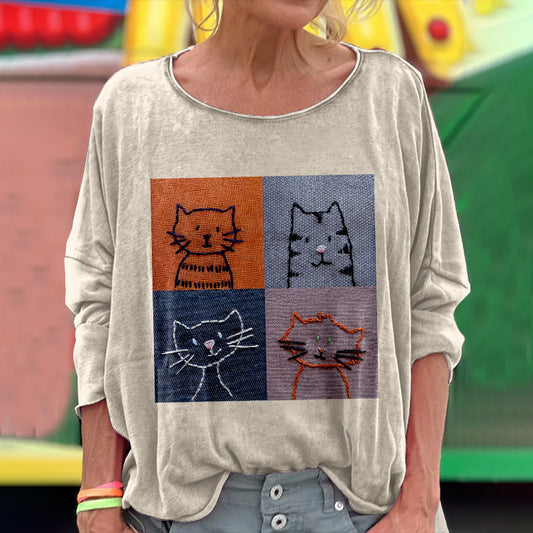Comstylish Vintage Embroidered Cat Women's Cozy Linen Crew Neck T-shirt