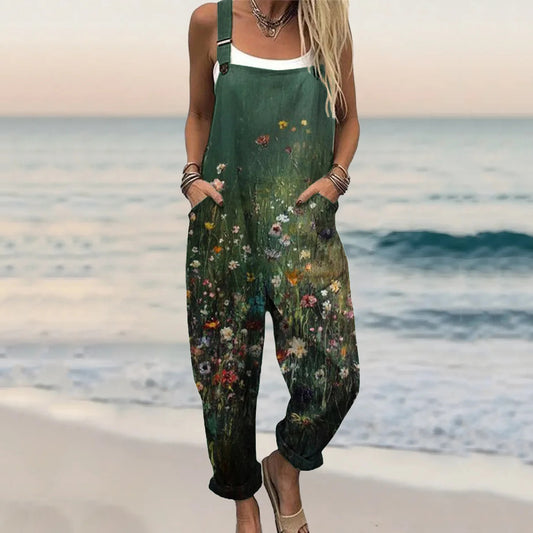 Women's Vintage Floral Art Print Casual Jumpsuit artswardrobe