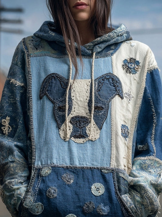 Comstylish Cute Dog Boho Floral Embroidered Patchwork Washed Hoodie