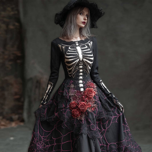 Comstylish Women Halloween Human Anatomy Flower Round Neck Long Dress