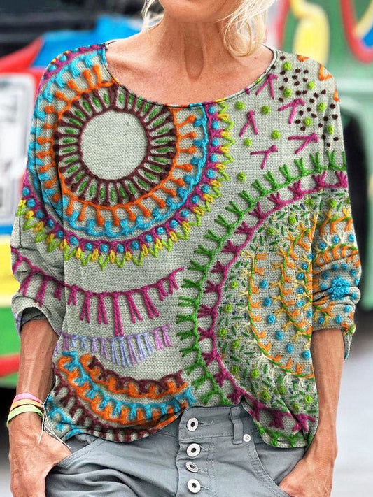 Comstylish Floral Stitch Embroidery Pattern Women's Linen Long Sleeve T-shirt