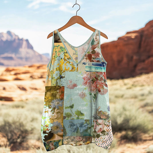Vintage Flower Patchwork Art Linen Blend Tank Top artswardrobe