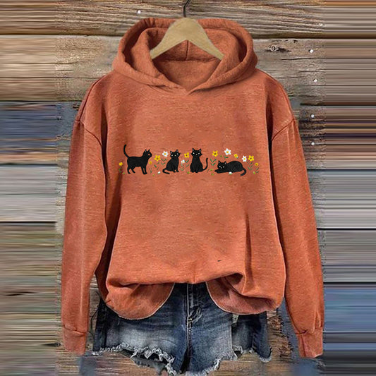 Women's Cute Floral Black Cat Embroidered Print Hoodie elevenforest