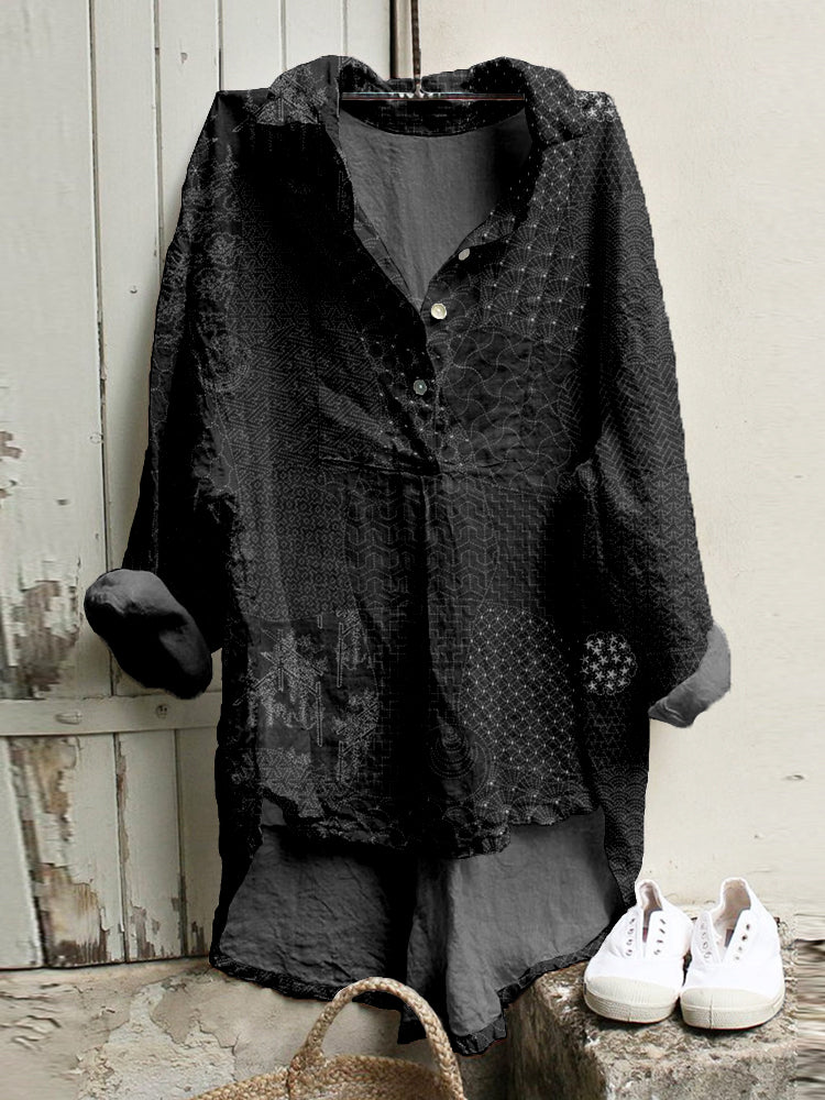 Comstylish Japanese Traditional Sashiko Art Linen Blend High Low Tunic