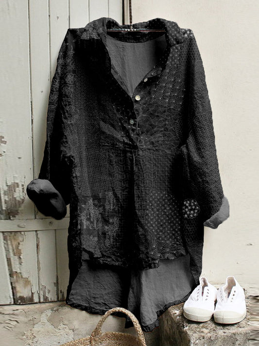 Comstylish Japanese Traditional Sashiko Art Linen Blend High Low Tunic
