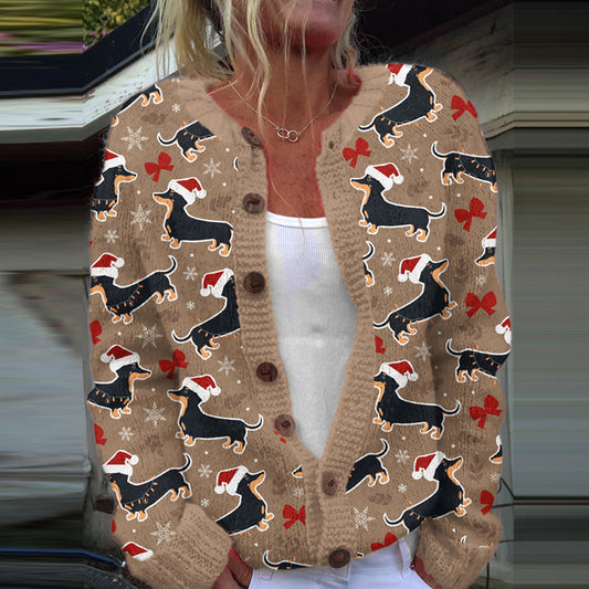 Comstylish Christmas Dachshund Knitted Cardigan Sweater