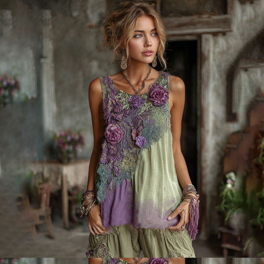 Vintage Classy Gradient Purple Lavender And Floral Embroidered Pattern Linen Tank Top artswardrobe