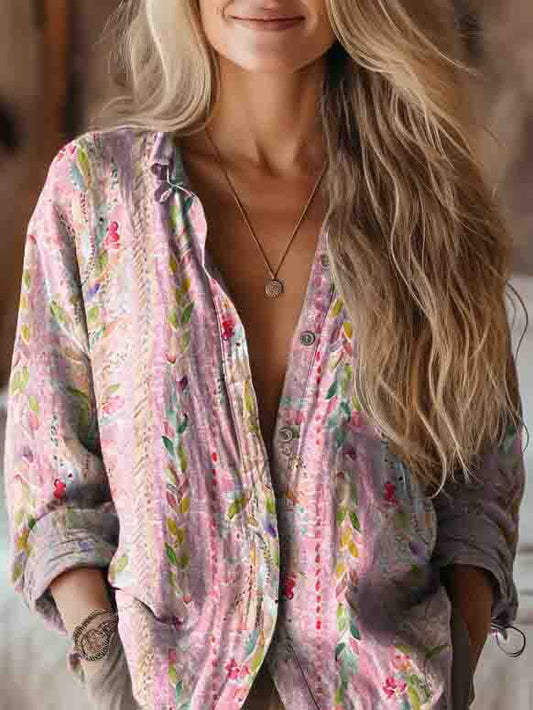 Women's Colorful Leaf Stripe Pattern Art Print Casual Long Sleeve Comf
