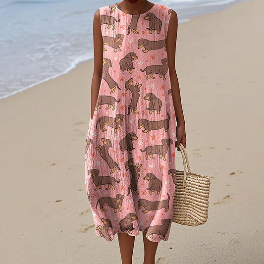 Comstylish Women's Cute Dachshund And Bow Art Sleeveless Dress