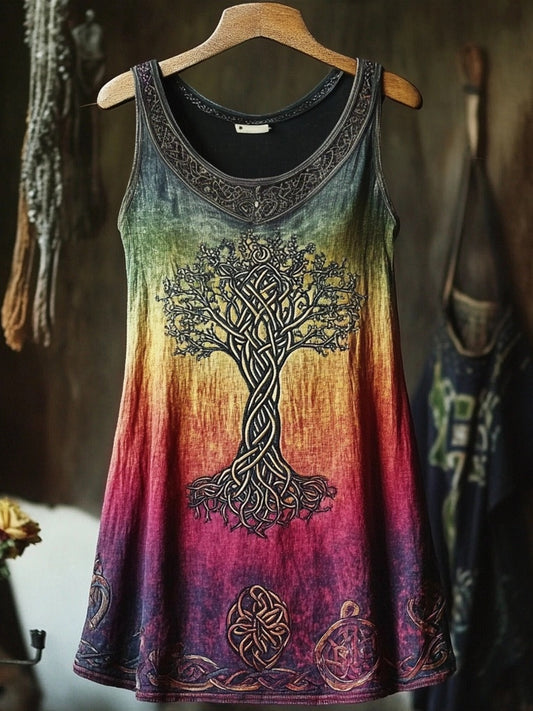 Vintage Viking Tree Of Life Embroidered Linen Tank Top artswardrobe