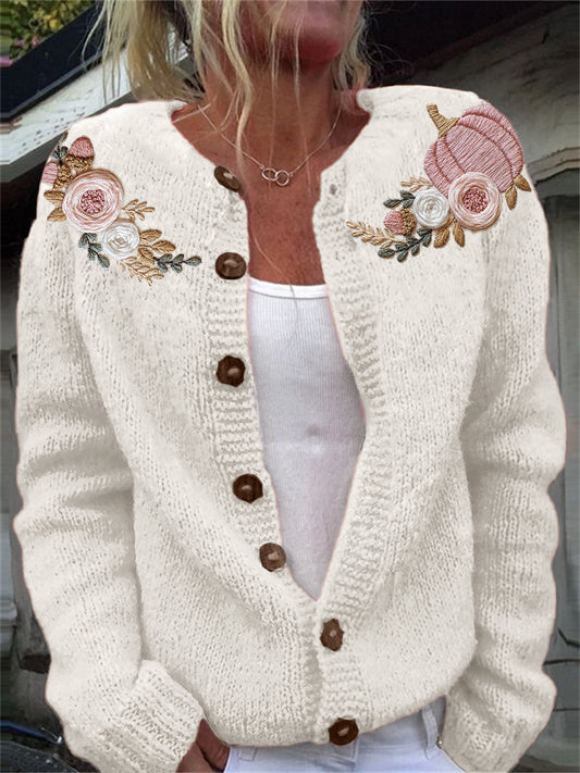 Thanksgiving Pink Pumpkin Floral Embroidered Cozy Knit Cardigan artswardrobe