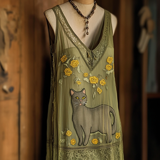 Vintage Floral Pop Art Cat Blended Women's Dress artswardrobe