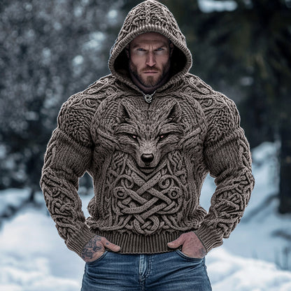 Retro Wolf Inspired Viking Celtic Jacquard Chunky Hooded Sweater elevenforest