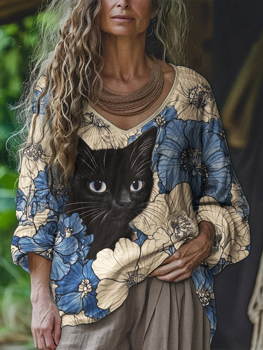 Black Cat Floral Art Linen Blend Tunic elevenforest