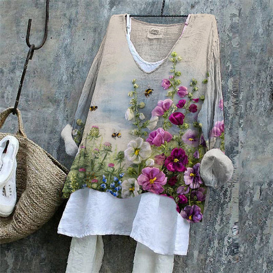Women's Floral Embroidered Linen Blend Vintage Shirt artswardrobe