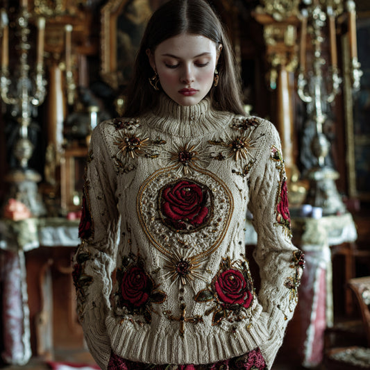 Comstylish Women's Halloween Red Rose High Collar Sweater