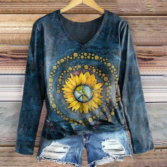 Women's Hippie Tie Dye Art Print Casual V-neck Long Sleeve T-shirt