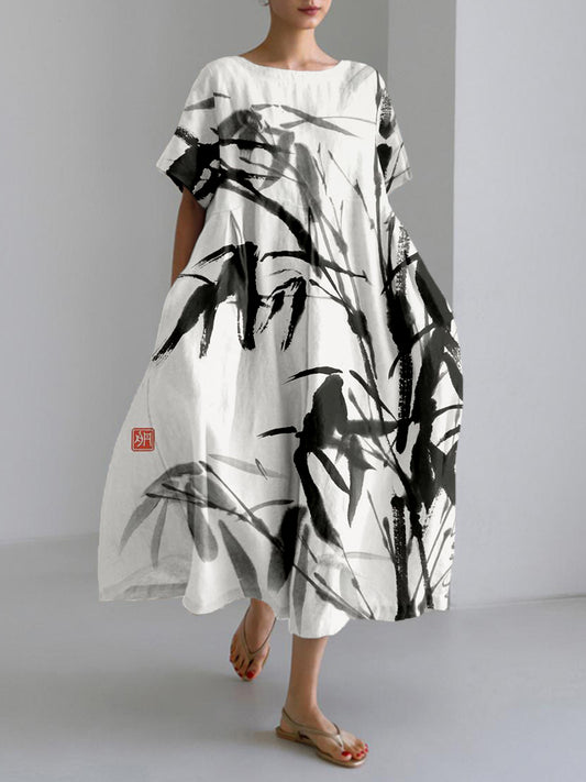 Bamboo Ink Painting Art Linen Blend Maxi Dress