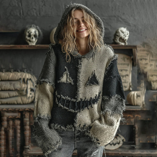 Halloween Spooky Face Contrast Stitched Hooded Cozy Knit Sweater artswardrobe