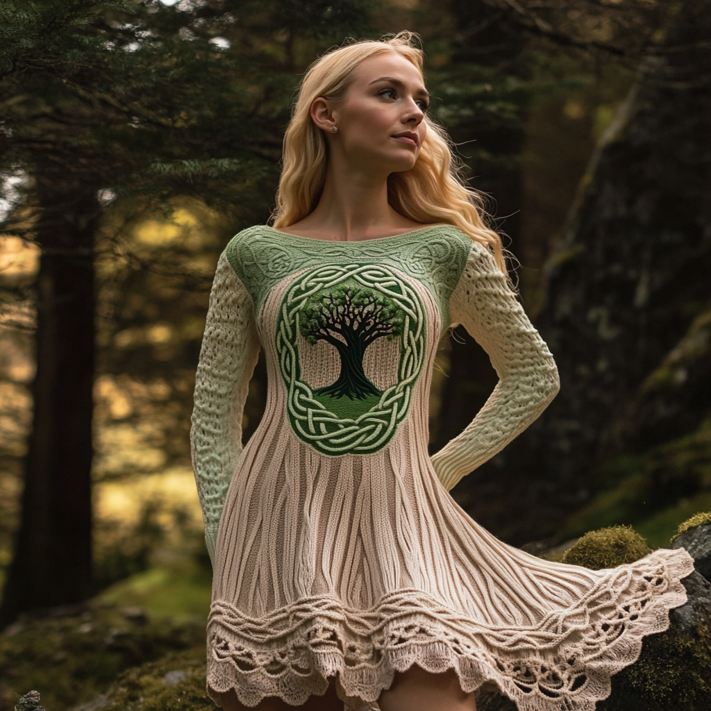 Women's Irish Celtic Tree Of Life Jacquard Sweater Dress artswardrobe