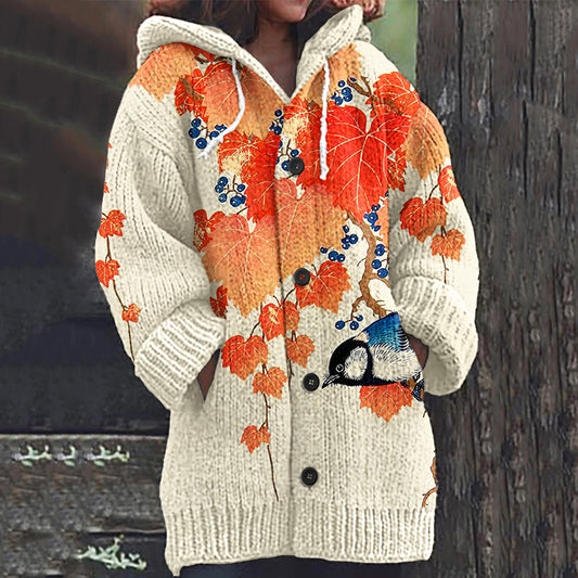 Comstylish Autumn Leaf Parrot Floral Art Women's Cardigan Sweater
