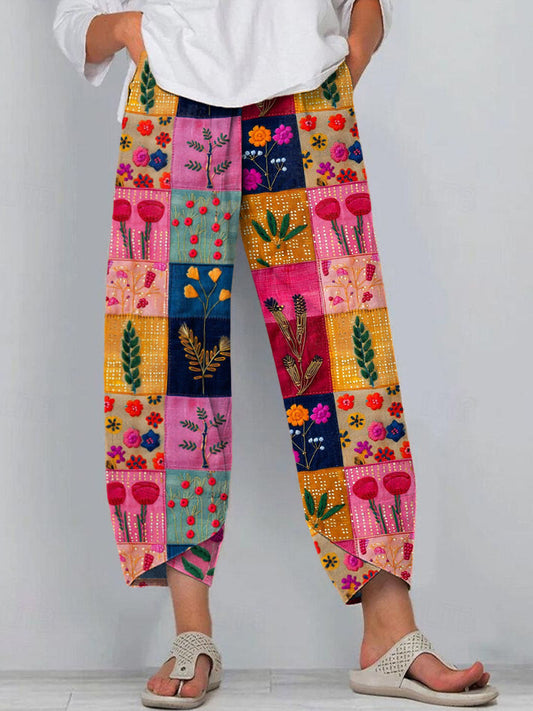 Women's Boho Floral Embroidered Patchwork Linen Blend Pants artswardrobe