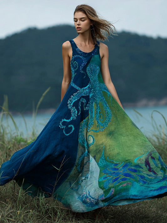 Ocean Octopus Gradient Art Women's Linen Vest Maxi Dress artswardrobe