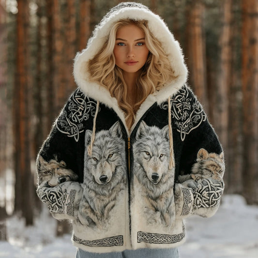 Comstylish Women's Vintage Viking Wolf Celtic Art Cozy Flannel Hooded Jacket