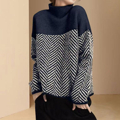Vintage Turtleneck Contrasting Herringbone Jacquard Sweater elevenforest