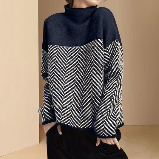 Vintage Turtleneck Contrasting Herringbone Jacquard Sweater elevenforest