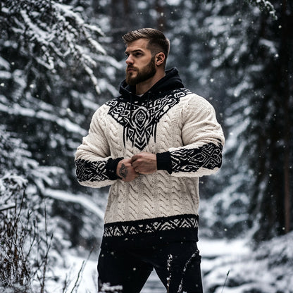 Men's Viking Tribal Jacquard Celtic Inspired Chunky Knit Hooded Sweater artswardrobe