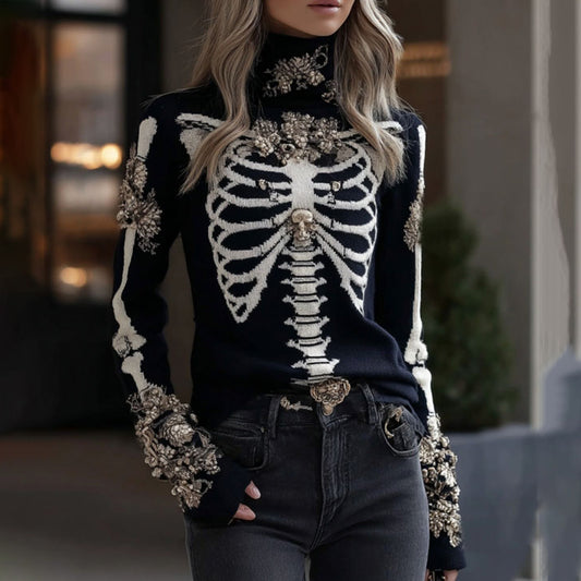 Comstylish Women's Gothic Style Skeleton & Floral High Neck Cozy Sweater