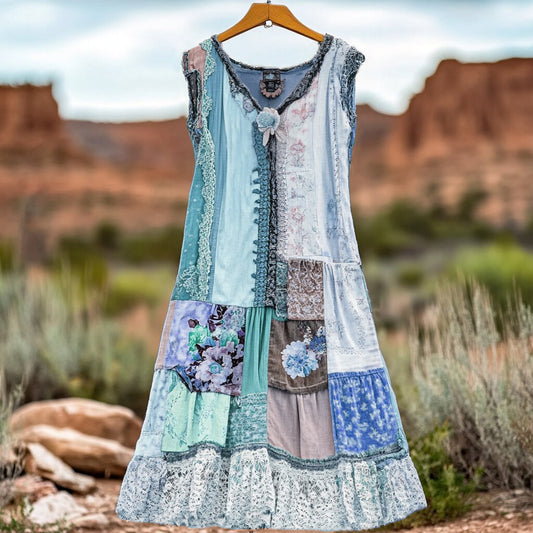Women's Vintage Floral Lace Patch Comfort Dress artswardrobe