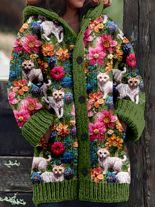 Cats And Flowers Embroidered Cozy Hooded Cardigan artswardrobe