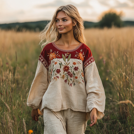 Retro Bohemian Floral Embroidery Art  Linen Blend Loose Blouse artswardrobe