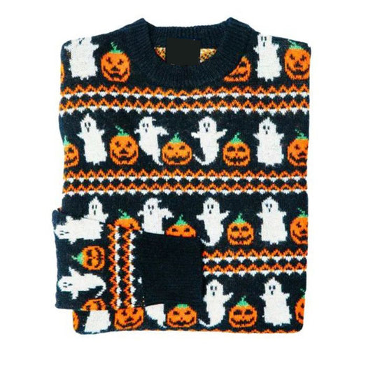 Retro Fall Pumpkin Ghost Halloween Printed Women's Sweater artswardrobe