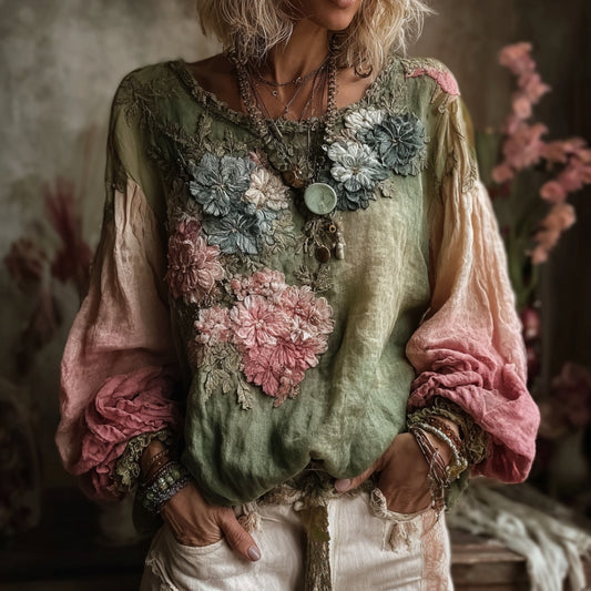 Women's Vintage Floral Art Casual Cotton And Linen Shirt artswardrobe