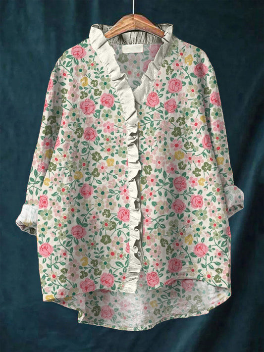 Boho Rose Print Ruffled Linen Shirt artswardrobe