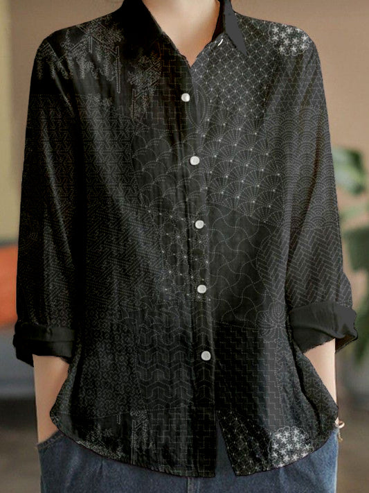 Comstylish Japanese Traditional Sashiko Art Linen Blend Blouse