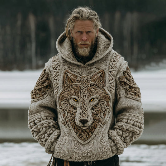 Men's Vintage Viking Wolf Art Cozy Knit Hooded Sweater artswardrobe