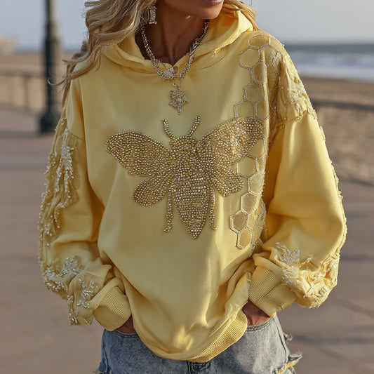 Comstylish Women's Retro Rhinestone Bee And Honeycomb Casual Hoodie
