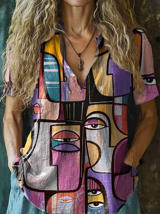 Women's Ethnic Tribal Art Painting Printed V Neck Short Sleeve